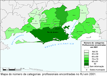 Mapa do número de categorias profissionais na região metropolitana do RJ em 2001