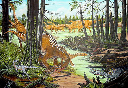 Unaysaurus em seu ambiente no Sul - Ilustração de Maurílio Oliveira